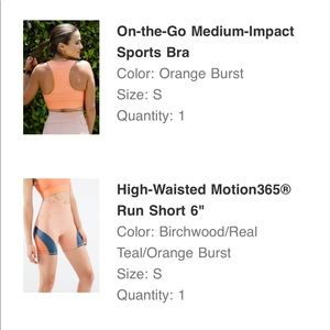 Fabletics set: coral biker shorts and orange sports bra